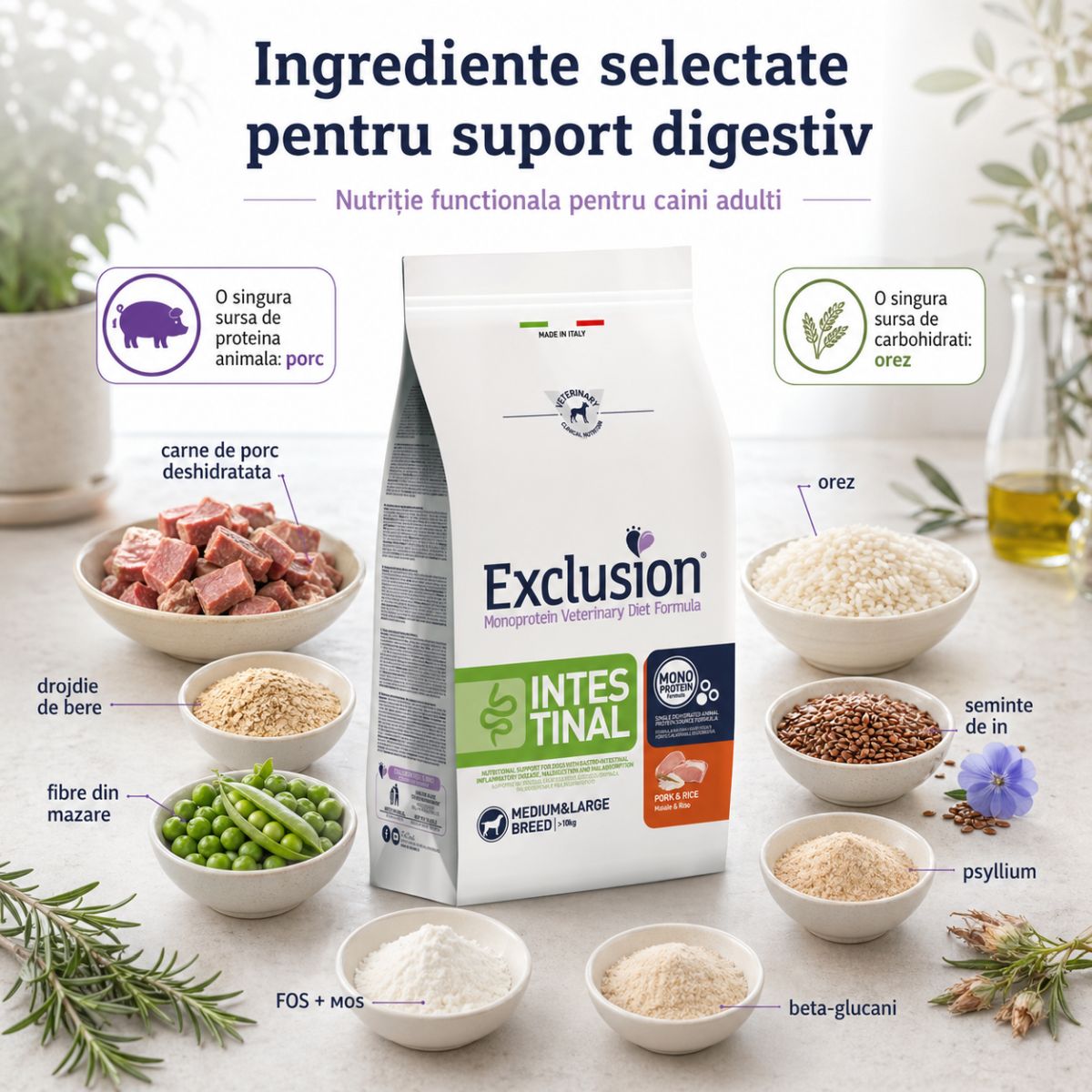 EXCLUSION Monoprotein VD Intestinal Medium&Large M-XL, Porc și Orez, dietă veterinară, hrană uscată câini, sistem digestiv, 12kg - imagine 5